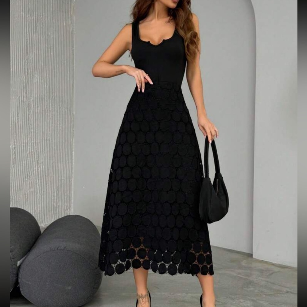 Black crochet embroidered midi skirt double layer dotted design - Picture 3 of 6